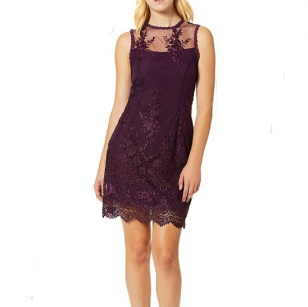Slvls Mock neck Woven Lace Overlay Midi Sheath dress Plum